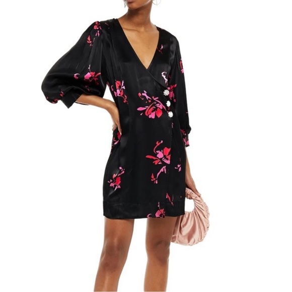 Ganni Dresses & Skirts - Ganni Crystal-Embellished Floral Print Satin Wrap Mini Dress Size 34